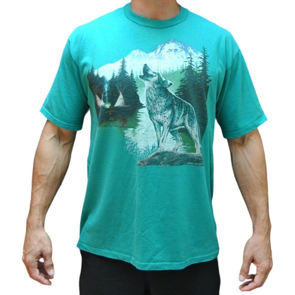 Wolf By Mike Patrick Teal Short Sleeve Shirt Large